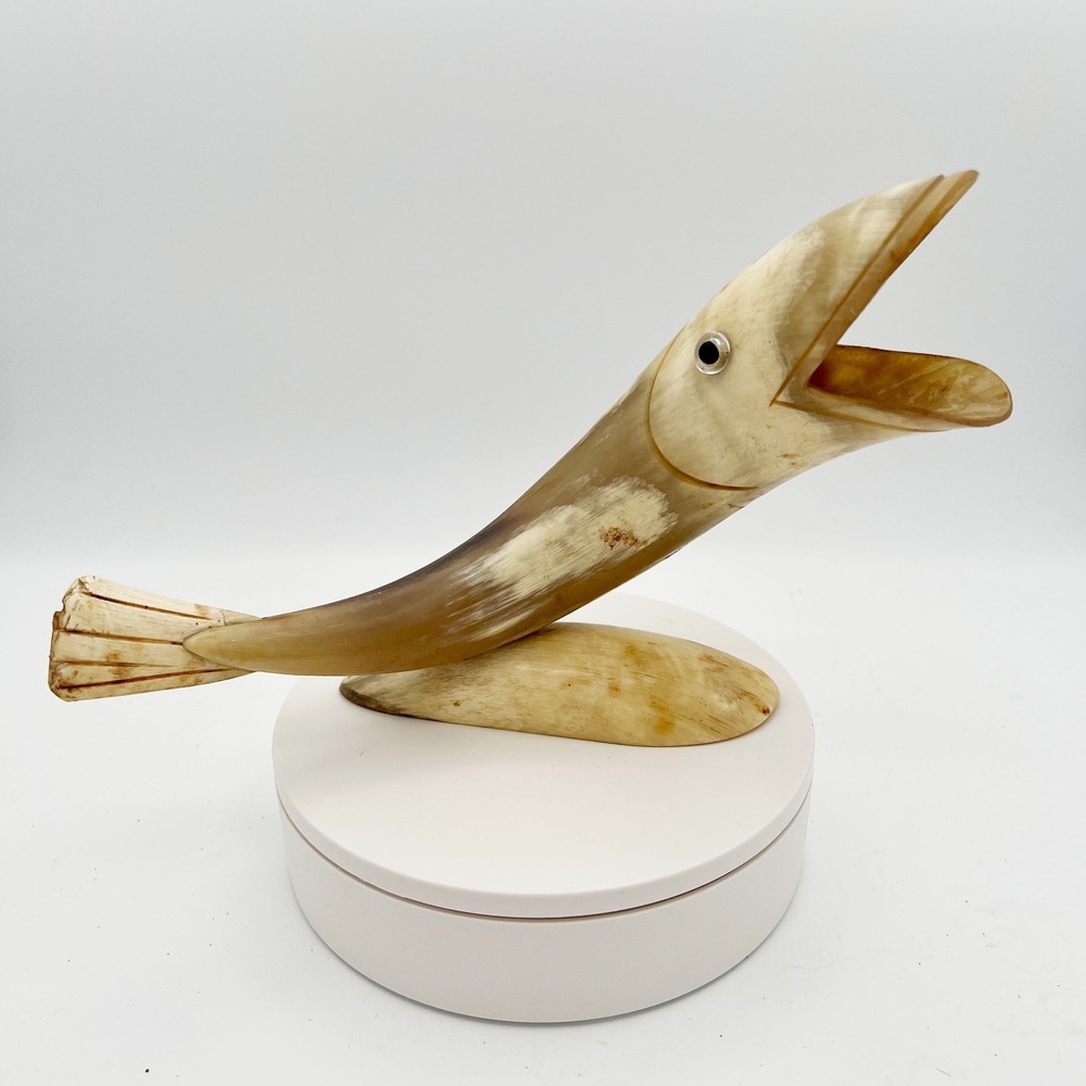 Vintage Hand Carved‎ Horn Fish Figurine Folk Art Sculpture 9" Animal Decor